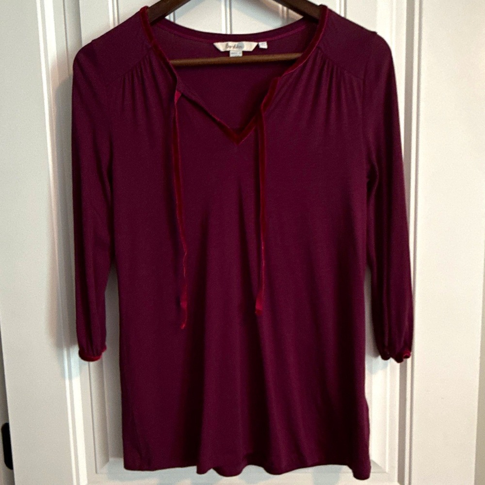 Boden Women's Purple Solid V-Neck 3/4 Sleeve Knit Tie Tunic Blouse size US 4 s